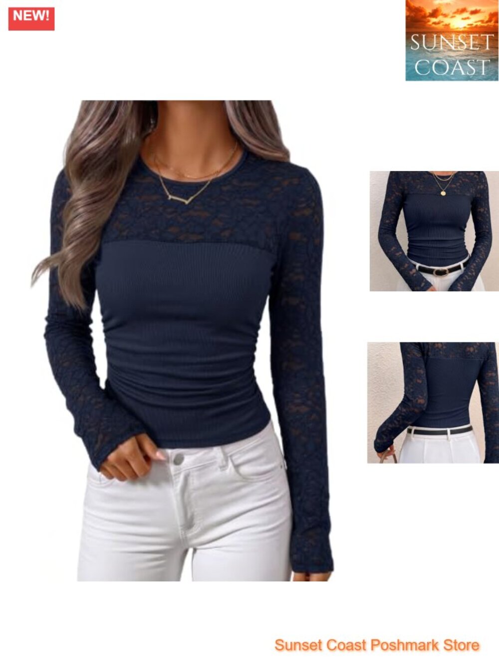 Women's Long Sleeve Floral Lace Knit Ruched Crew Neck Blouse